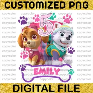 Customized Paw Patrol 5 Five Birthday Girl PNG Skye Everest Clipart Age Number Party T-shirt